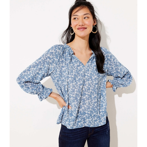 LOFT Tops - Loft Blue Floral Peplum Back Long Sleeve Blouse